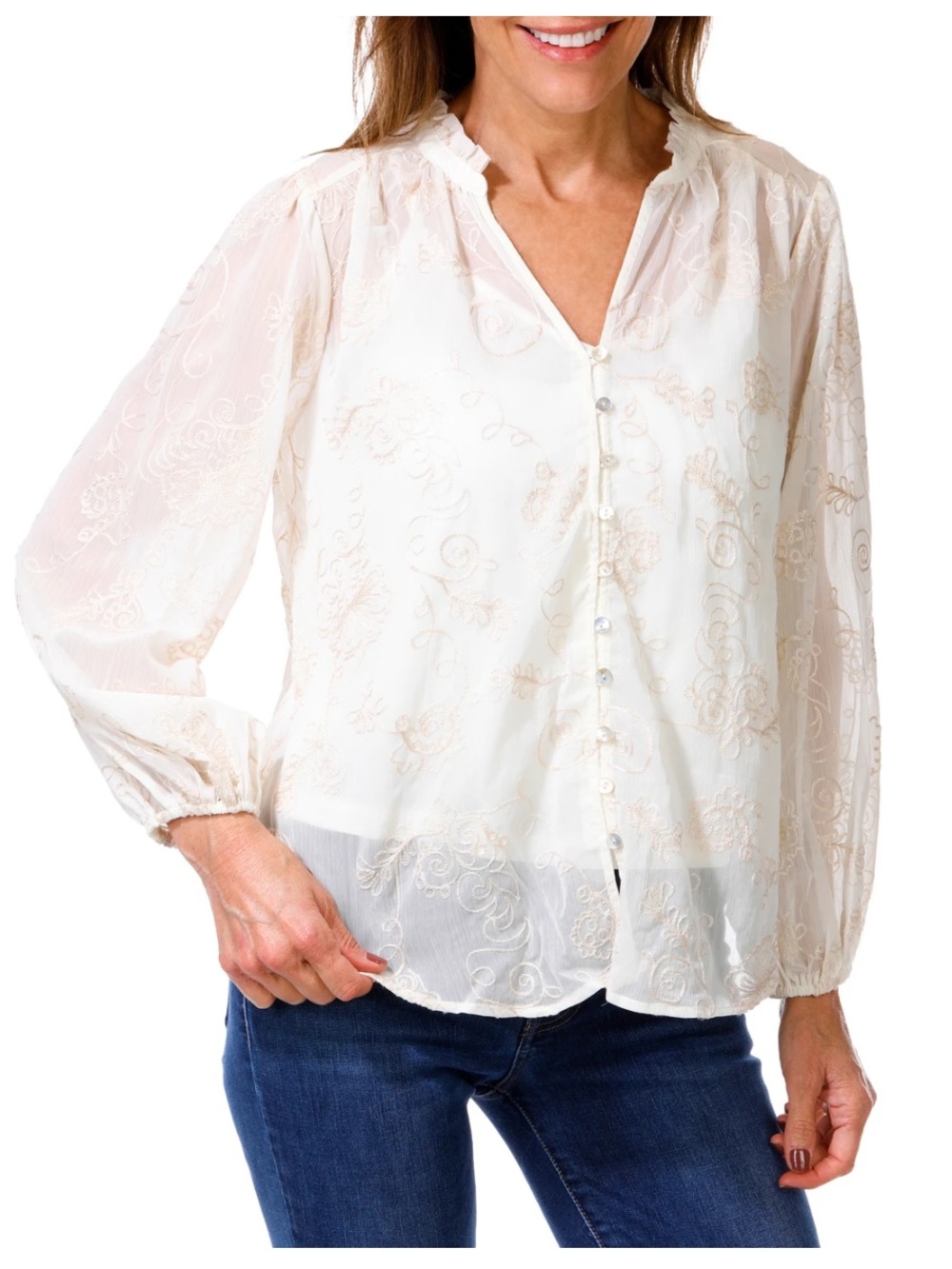 Lightweight Cream Sheer Embroidered Button-Front Blouse
